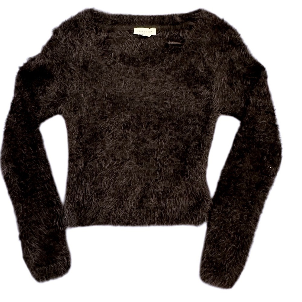 Topshop Black Fuzzy Eyelash Knit Cropped Sweater‎ Scoop Neck Long Sleeve XS